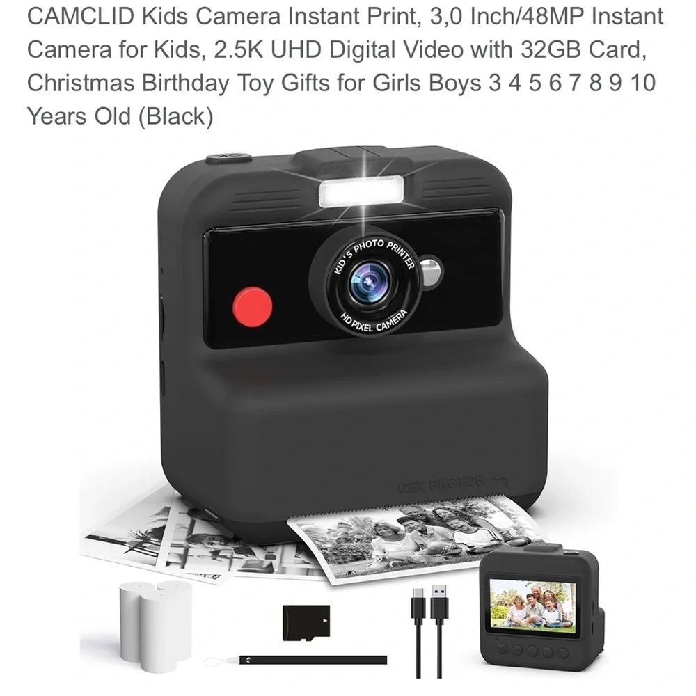 CAMCLID Kids Camera Instant Print, 3,0 Inch/48MP Instant Camera for Kids(Black)